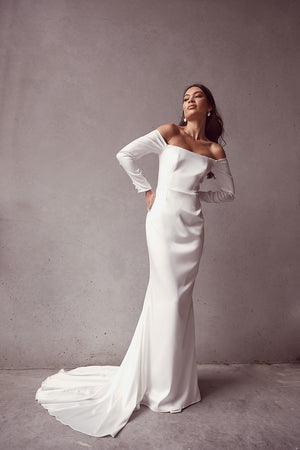 Wedding Gown Long White Sheath Dress Simple Sheath Long Sleeves Wedding Dress Soft Satin TANYA BRIDAL Wedding Gown Long White Sheath Dress Simple Sheath Long Sleeves Wedding Dress Soft Satin TANYA BRIDAL